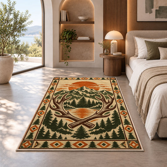 Mountain Lodge Emblem rug in a bedroom with an arched window