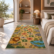 Safari animal hopscotch rug with lions, elephants and numbered stepping circles, placed on a wood floor near furniture