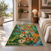Green dinosaur hopscotch rug with prehistoric plants and numbered footprints, placed on a wood floor near furniture
