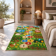 Green farm animal hopscotch rug with numbered circles, barn, tractor and fields, placed on a wood floor near furniture