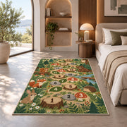 Woodland animal hopscotch rug with earthy numbered circles and green forest foliage, placed on a wood floor near furniture