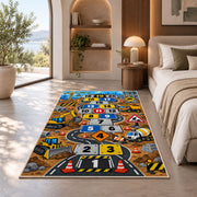 Construction truck hopscotch rug with numbered road tiles, diggers and traffic signs, placed on a wood floor near furniture