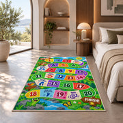 Rainbow adventure game rug with numbered colorful path tiles and activity prompts, placed on a wood floor near furniture