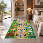 Green animal footprint hopscotch rug with colorful numbers, flowers and friendly animals, placed on a wood floor near furniture