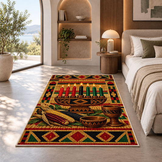 Kwanzaa Mkeka Rug in a bedroom with an arched window