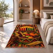 Kwanzaa Harvest Basket Rug in a bedroom with an arched window