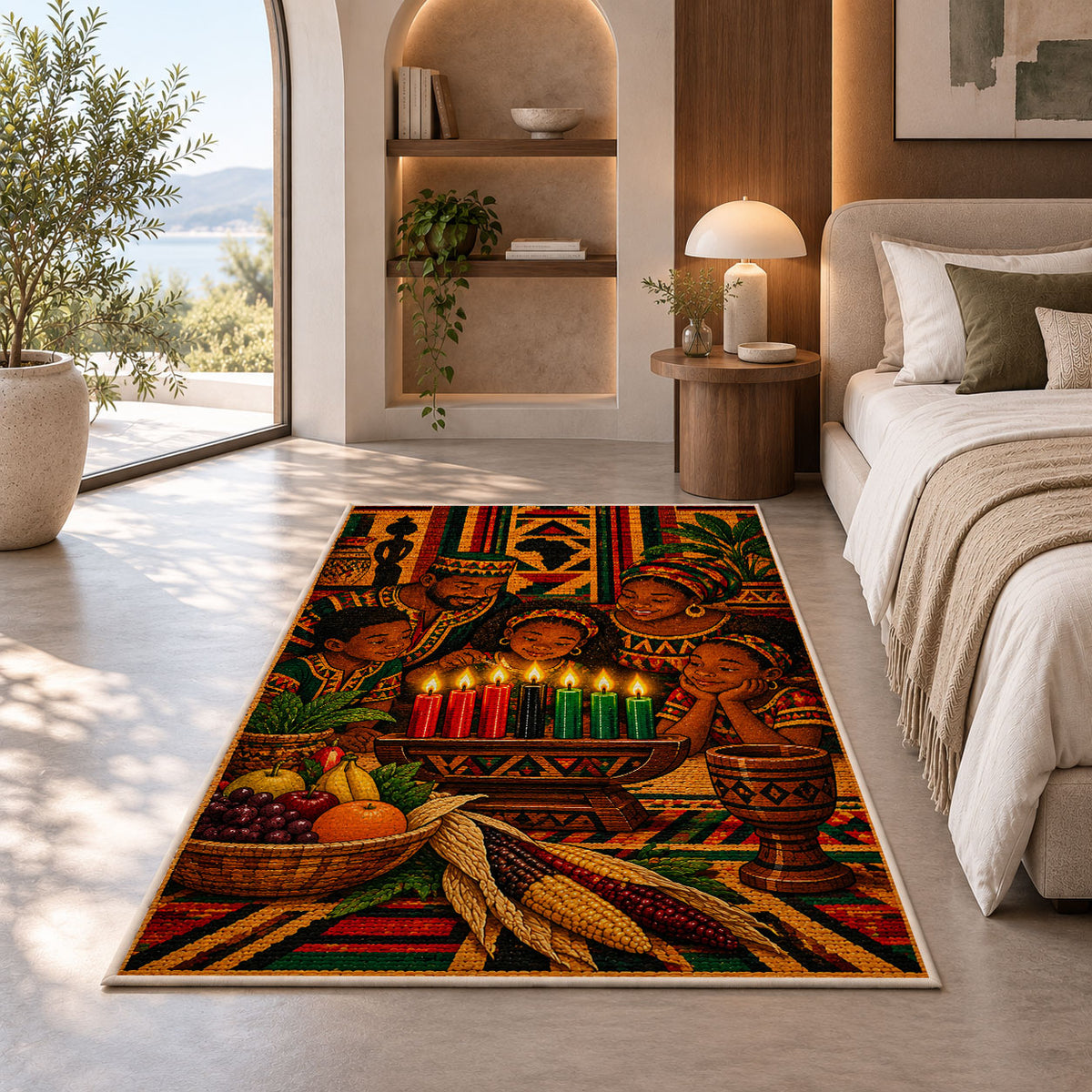 Kwanzaa Family Rug in a bedroom with an arched window