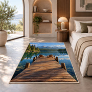 Lake dock with Adirondack chairs rug in a bedroom with an arched window