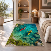 Kayaks on turquoise lake rug in a bedroom with an arched window