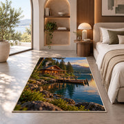 Lakeside log cabin at sunset rug in a bedroom with an arched window