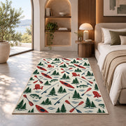 Lake life pattern rug in a bedroom with an arched window