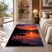 Lake sunset fishing rug in a bedroom with an arched window