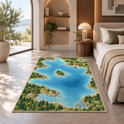 Illustrated lake map rug in a bedroom with an arched window