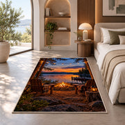 Lakeside campfire with chairs rug in a bedroom with an arched window
