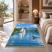 Sailboat and loon on lake rug in a bedroom with an arched window