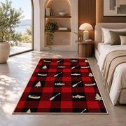 Buffalo plaid lake icons rug in a bedroom with an arched window