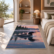 Loon and chick at sunrise rug in a bedroom with an arched window