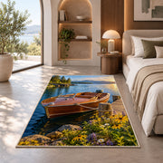 Classic wooden boat at dock rug in a bedroom with an arched window