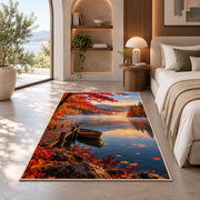 Autumn lake with rowboat rug in a bedroom with an arched window