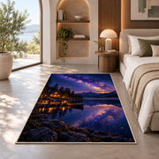 Milky Way over lake cabin rug in a bedroom with an arched window