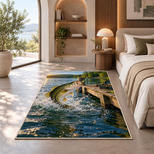 Bass jumping by dock rug in a bedroom with an arched window