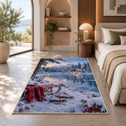 Frozen lake winter scene rug in a bedroom with an arched window