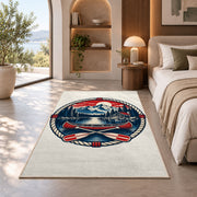 Lake house badge emblem rug in a bedroom with an arched window