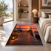 Dock with string lights at sunset rug in a bedroom with an arched window