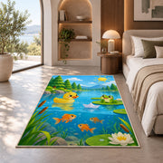 Cartoon pond with duck and frog rug in a bedroom with an arched window