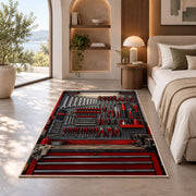 Mechanic tool pegboard rug in a bedroom with an arched window