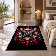 Crossed wrenches and gear rug in a bedroom with an arched window