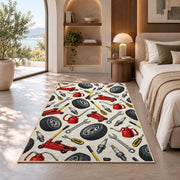 Auto repair tools pattern rug in a bedroom with an arched window