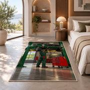 Classic car on a garage lift rug in a bedroom with an arched window