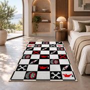 Checkered racing garage rug in a bedroom with an arched window