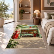 Retro garage with gas pump rug in a bedroom with an arched window