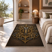Copper gear mandala rug in a bedroom with an arched window