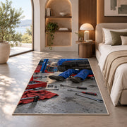 Mechanic working under a car rug in a bedroom with an arched window