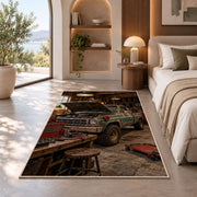Old pickup truck in a rustic garage rug in a bedroom with an arched window