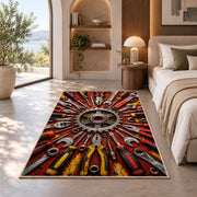 Tools radiating around a gear rug in a bedroom with an arched window