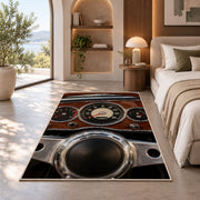 Vintage dashboard gauges rug in a bedroom with an arched window