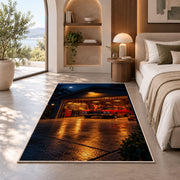 Garage at night with a muscle car rug in a bedroom with an arched window