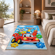 Cartoon tools with smiling faces rug in a bedroom with an arched window