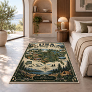 Vintage USA national parks map rug in a bedroom beside a window