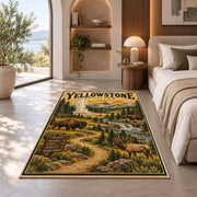 Yellowstone travel poster with bison and elk rug in a bedroom beside a window