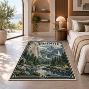 Yosemite Valley travel poster rug in a bedroom beside a window