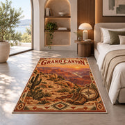 Grand Canyon sunset travel poster rug in a bedroom beside a window