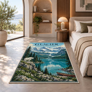 Glacier National Park turquoise lake rug in a bedroom beside a window