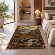 Smoky Mountains autumn cabin poster rug in a bedroom beside a window