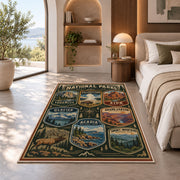 Vintage national parks badge collection rug in a bedroom beside a window