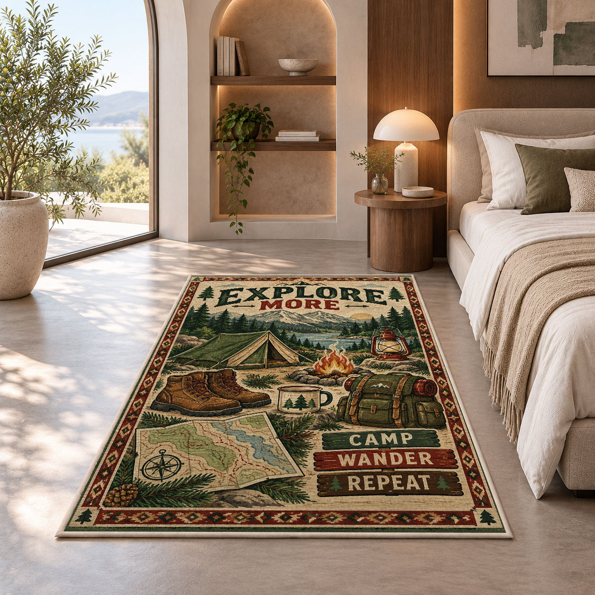 Explore More camping gear rug in a bedroom beside a window